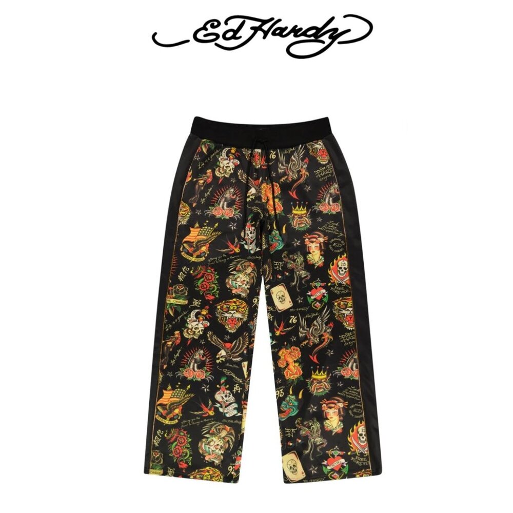 NWT- ED HARDY COLORFUL FLASHBOARD TATTOO PRINT TRACK PANTS / SWEATPANTS - SIZE S